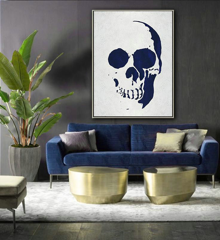 Buy Hand Painted Navy Blue Abstract Painting Skull Art Online,Original Art #D8Y0